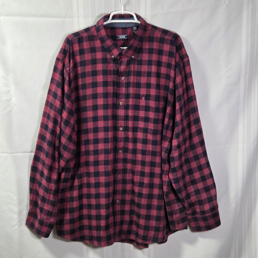 IZOD Flannel Shirt Mens XXL Red Black Plaid Buffalo Check Long Sleeve 45GW047